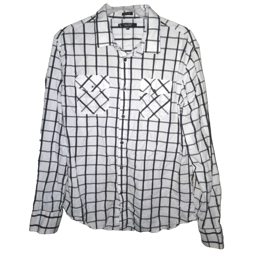 Raw State Premium White Black Button Up Casual Men Shirt Slim Fit Size XXL